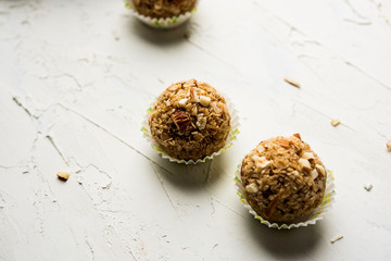 Oats laddu or Ladoo also known as Protein Energy balls. served in a plate or bowl. selective focus
