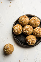 Oats laddu or Ladoo also known as Protein Energy balls. served in a plate or bowl. selective focus