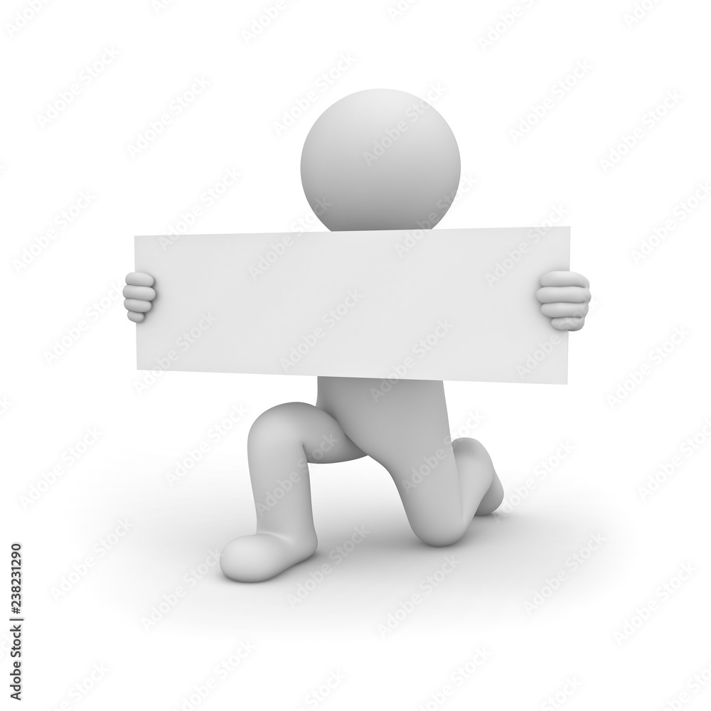 Poster 3d man getting down on one knee and showing long blank sign board isolated over white background wit