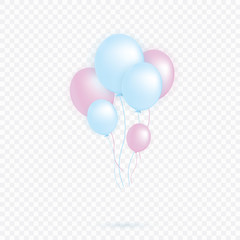 Set of pink, blue transparent with confetti helium balloon isolated in the air. Party decorations for a birthday, anniversary, celebration, wedding. vector.