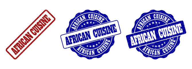 AFRICAN CUISINE scratched stamp seals in red and blue colors. Vector AFRICAN CUISINE labels with dirty effect. Graphic elements are rounded rectangles, rosettes, circles and text labels.