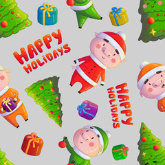pattern with illustrations of christmas pigs in New Year's festive dress next to an elegant decorated Christmas tree. text happy holidays. bright and saturated colors. 