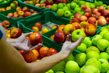 The girl chooses apples in the supermarket.