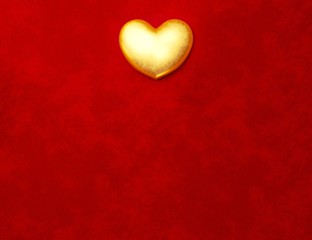 Golden heart on red background and copy space place for text. St valentine's symbol. 3d rendering of heart from gold.