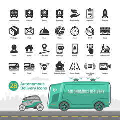 Driverless delivery vehicle silhouette icon set with illustration of var, drone and robocourier for packages and food transportation.