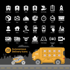 Driverless delivery vehicle silhouette icon set on a black background with illustration of van and sidewalk robocourier for packages and food transportation.