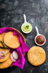 Shegaon or Rajasthani Kachori served with green Chutney and tomato ketchup