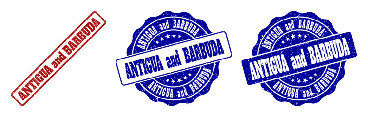 ANTIGUA AND BARBUDA grunge stamp seals in red and blue colors. Vector ANTIGUA AND BARBUDA overlays with grunge style. Graphic elements are rounded rectangles, rosettes, circles and text captions.
