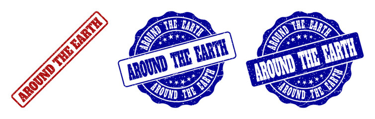 Fototapeta premium AROUND THE EARTH scratched stamp seals in red and blue colors. Vector AROUND THE EARTH labels with distress texture. Graphic elements are rounded rectangles, rosettes, circles and text labels.
