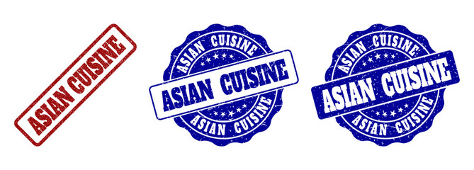 ASIAN CUISINE grunge stamp seals in red and blue colors. Vector ASIAN CUISINE labels with dirty surface. Graphic elements are rounded rectangles, rosettes, circles and text labels.