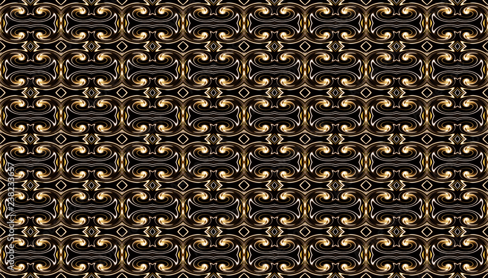 Poster geometric seamless pattern with golden twisted elements on a black background_