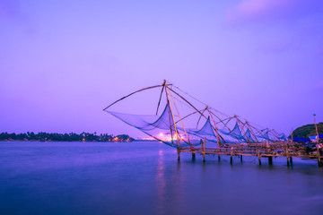 beautiful evening scene of  Kochi chinese fishnets in Kochi, Kerala. Fort Kochin, south India