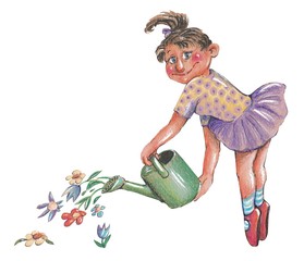 "Blumen gießen", Mädchen mit Gießkanne und Ballettkleid steht auf Spitze / Zehenspitzen und lächelt, aus der Tülle fließen Blumen, Illustration von Kathrin Schwertner, Freisteller, freigestellt