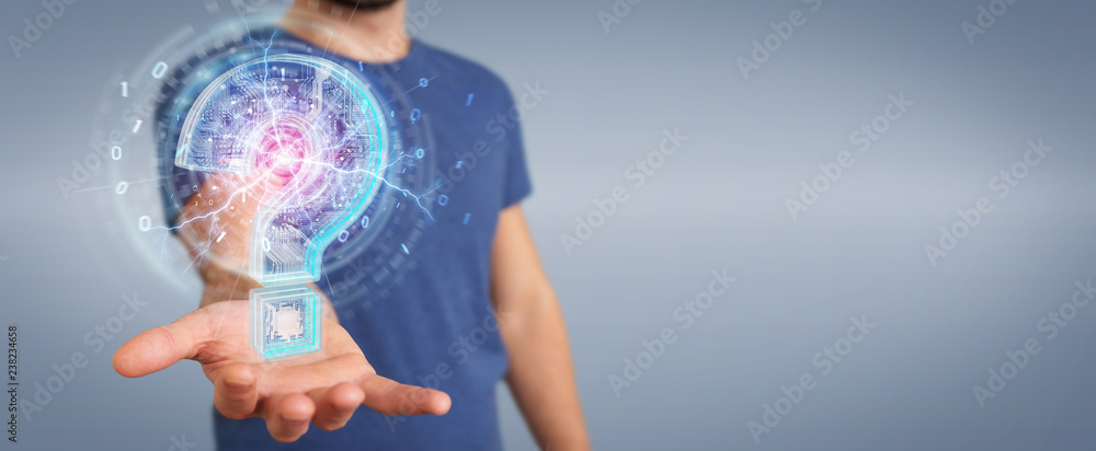 Fototapete businessman solving problem with digital question marks 3d rendering