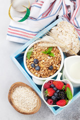 Healthy breakfast set with muesli, berries and milk