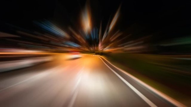 Time-Lapse night traffic with futuristic motion blur & zoom effects. On the road or streets, shoot from inside a moving car. 