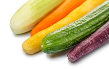 cucumber, zucchini, carrots vegetables isolated on white background, concept healthy eating, close up