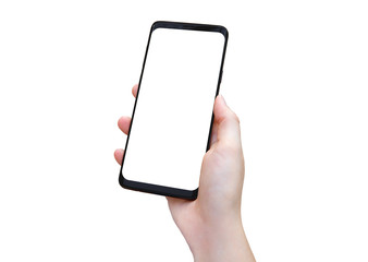 Woman hand holding modern smatphone mockup on white