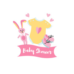Vector Illustration. Greeting card for a baby shower. Flat style icon of overalls, shoes, bunny toy, for happy child. Simple objects for kid comfort.