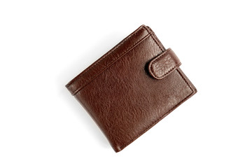 Brown men's leather wallet isolated on white background. - obrazy, fototapety, plakaty