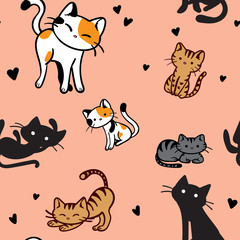 Vector seamless pattern of a variety of illustrated cats