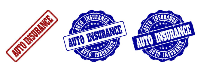 AUTO INSURANCE grunge stamp seals in red and blue colors. Vector AUTO INSURANCE signs with grunge effect. Graphic elements are rounded rectangles, rosettes, circles and text tags.