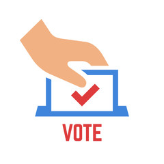 Vector vote color icon with voter hand insert envelope in ballot box. Democracy election poll colorful sign.