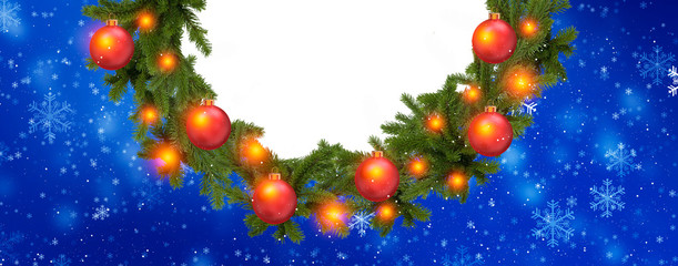 Winter Christmas background with a wreath of spruce with festive balls. Festive banner, background for greeting card.