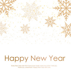 Merry Christmas and Happy New Year card with golden snowflakes. Vector background