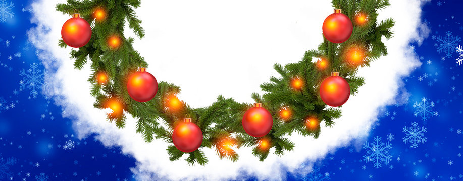 Winter Christmas background with a wreath of spruce with festive balls. Festive banner, background for greeting card.
