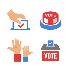 Vector vote color icon with voter hand, ballot box, click button, voting hands. Democracy election poll silhouette sign.