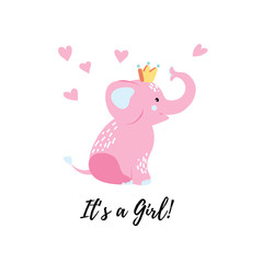 Vector Illustration. Cartoon style icon of funny baby elephant. Baby shower greeting card with simple childish character.