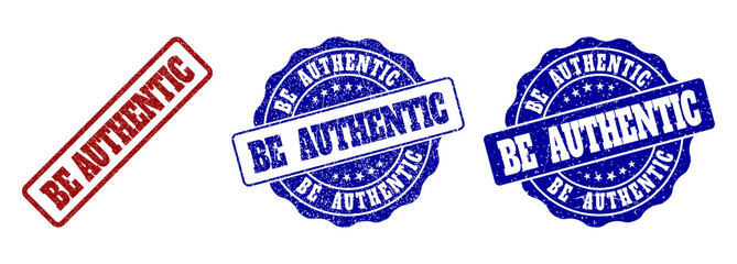 BE AUTHENTIC grunge stamp seals in red and blue colors. Vector BE AUTHENTIC labels with grunge style. Graphic elements are rounded rectangles, rosettes, circles and text titles.