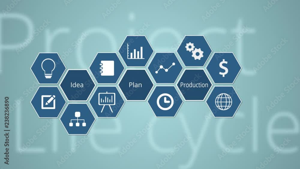 Poster hexagon grid with icon and keywords about project management and life cycle, alpha mask