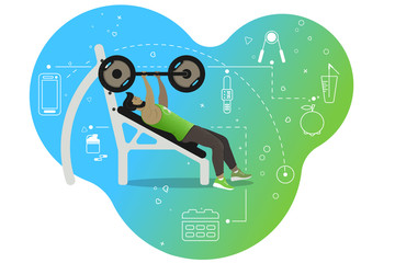 A man with a barbell. Sports activities in the gym. Multi-colored background and healthy lifestyle icons.