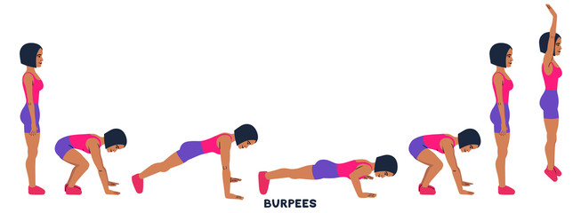 Burpee. Burpees. Sport exersice. Silhouettes of woman doing exercise. Workout, training.
