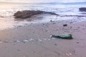 Plastic green bottle and seaweeds on the sand beach at seaside.
