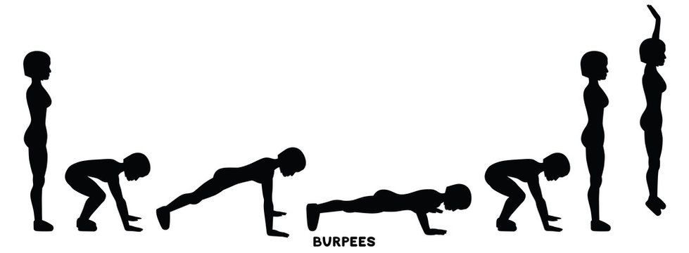 Burpee. Burpees. Sport exersice. Silhouettes of woman doing exercise. Workout, training.