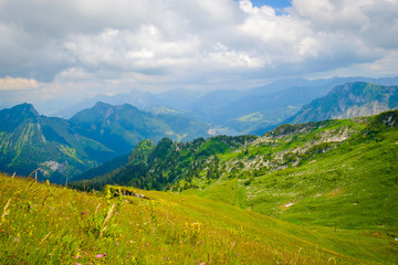 Naklejka na ściany i meble Typical summer mountains Switzerland landscape at sunny day time