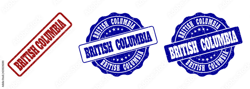 Poster british columbia grunge stamp seals in red and blue colors. vector british columbia labels with draf