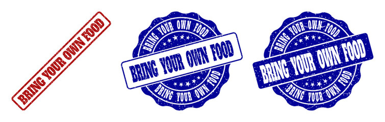 Obraz premium BRING YOUR OWN FOOD grunge stamp seals in red and blue colors. Vector BRING YOUR OWN FOOD watermarks with grunge style. Graphic elements are rounded rectangles, rosettes, circles and text captions.