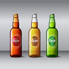 Beer bottle glass isolated on background. Vector packaging mockup with realistic bottle