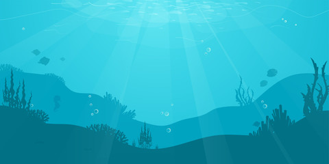 Underwater cartoon flat background with fish silhouette, seaweed, coral. Ocean sea life, cute design