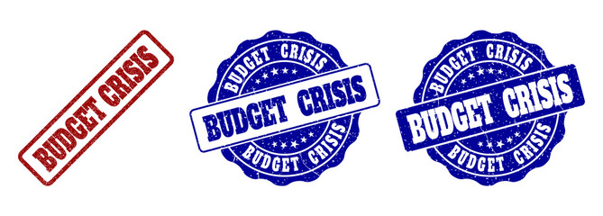 BUDGET CRISIS grunge stamp seals in red and blue colors. Vector BUDGET CRISIS signs with draft surface. Graphic elements are rounded rectangles, rosettes, circles and text labels.