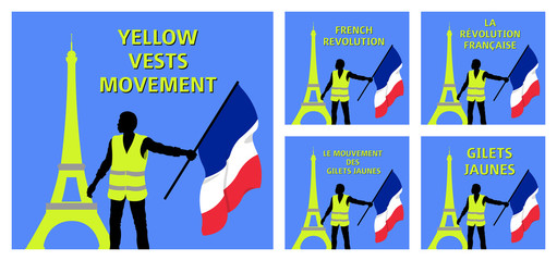 Yellow vests movement graphics with Eiffel Tower and French flag