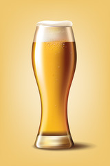 Beer Poster template for classic white beer ad package design. Vector glass cup with beer 3d illustration