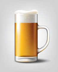 Beer Poster template for classic white beer ad package design. Vector glass cup with beer 3d illustration