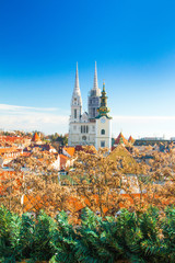      Croatian capital Zagreb, city skyline, catholic cathedral and red roofs in city center, view...