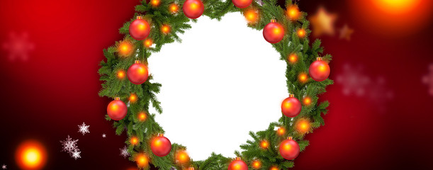 Red Christmas background with Christmas tree and balls. Beautifully decorated Christmas tree against color background, closeup