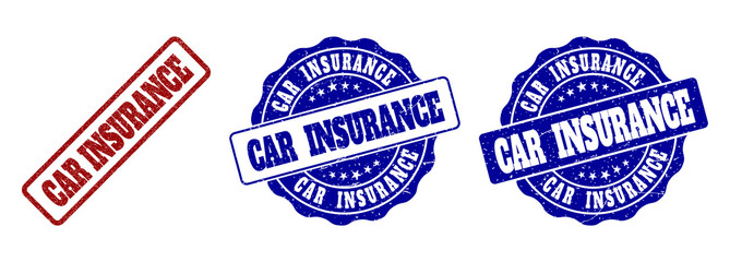 CAR INSURANCE scratched stamp seals in red and blue colors. Vector CAR INSURANCE watermarks with grainy surface. Graphic elements are rounded rectangles, rosettes, circles and text labels.